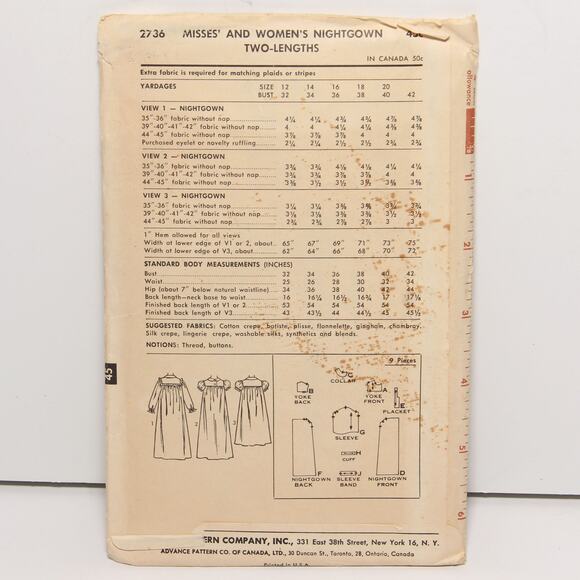 Vintage Nightgown Advance Pattern 2736 Size 14 Two lengths UNCUT - Picture 2 of 2